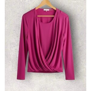 Calvin Klein Faux Wrap Popover Top Office Bright Pink Stretch All Seasons Size L